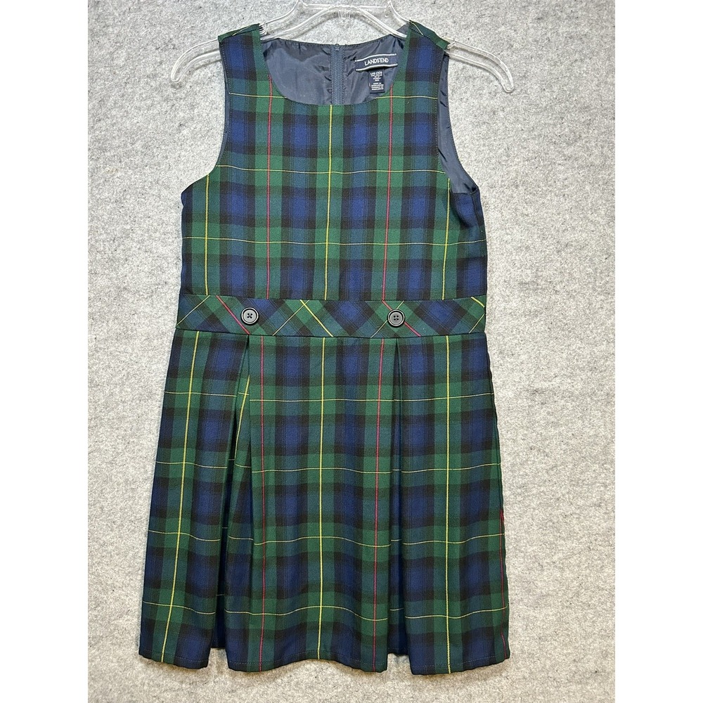 Lands' End Size 10 School Uniform Girls Plaid Jumper Top of Knee Navy Evergreen